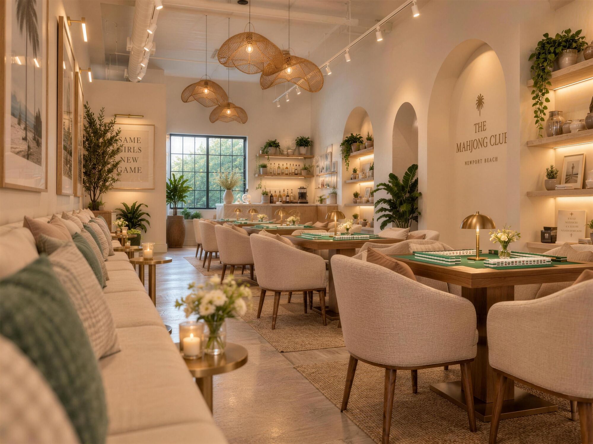 The banquette and game floor under rattan pendants