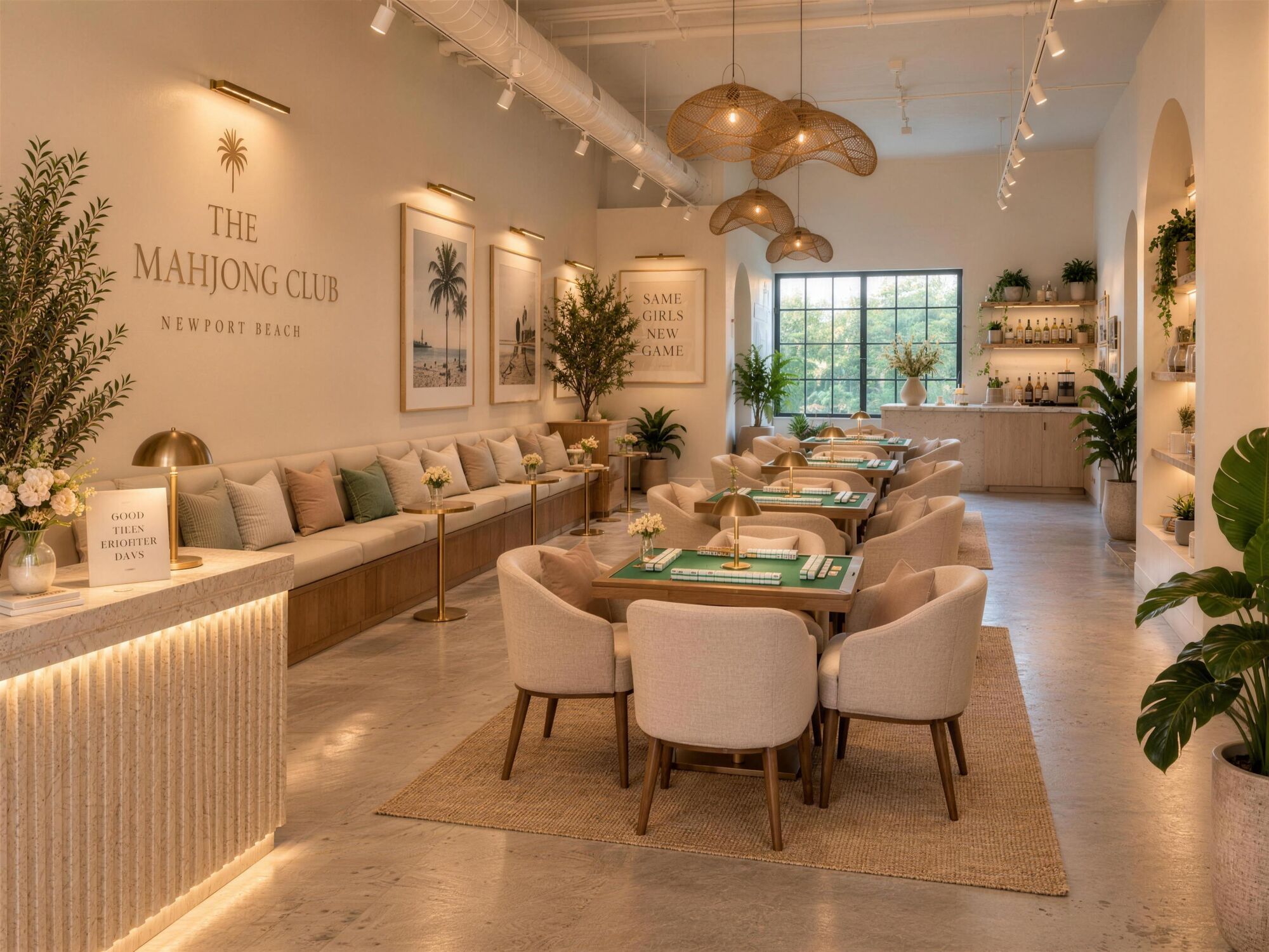 Fluted travertine reception and the banquette